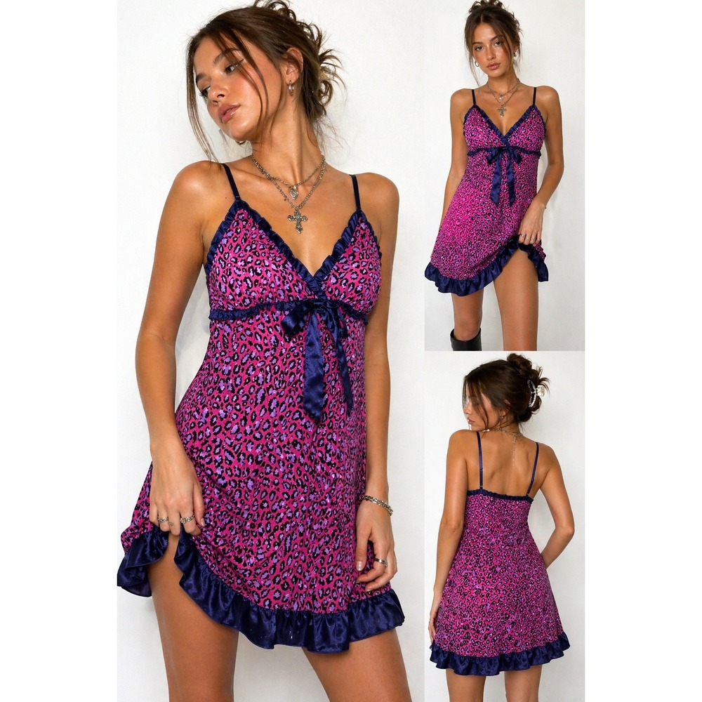Y2K Pink Leopard Babydoll Mini Dress Satin Trim Ruffle Slip Coquette Large